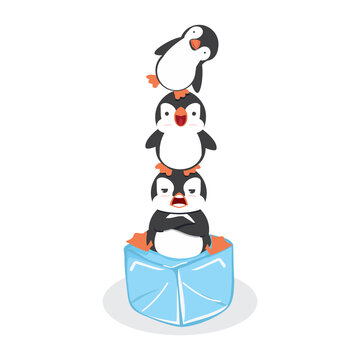 Stacked penguins happy on ice cube