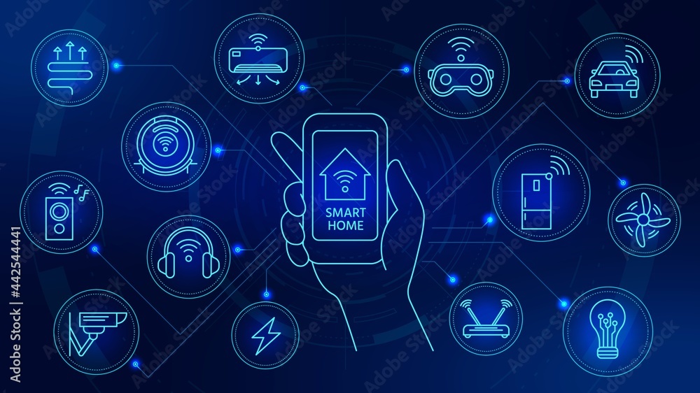 Poster smart home technology. connected devices with smartphone app control. internet of things automation 
