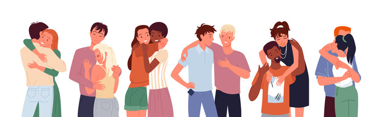 Happy people friends hug cuddle vector illustration set. Cartoon diverse woman man character standing together, young couple of girlfriend and boyfriend hugging, love and friendship isolated on white - obrazy, fototapety, plakaty