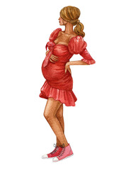 Pregnant mixed raced woman in red dress touching belly, Watercolor pregnancy illustration, Mother day, fashion mom,baby shower image. The concept of pregnancy, motherhood, family.