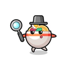 Fototapeta premium noodle bowl cartoon character searching with a magnifying glass
