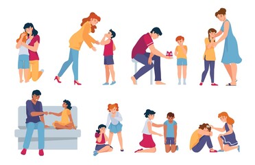 Family support. Parents and friends comforting and hugging crying kids. Adults console sad children. Sympathy for people in grief vector set