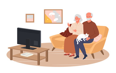 Elderly couple people watch tv in home living room vector illustration. Cartoon happy senior characters sitting at couch together, grandparents watching movie, television news isolated on white