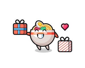 noodle bowl mascot cartoon giving the gift