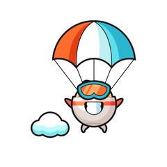 noodle bowl mascot cartoon is skydiving with happy gesture