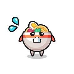 noodle bowl mascot character with afraid gesture