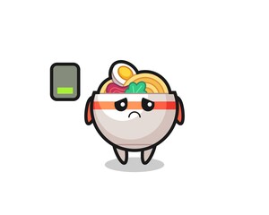 noodle bowl mascot character doing a tired gesture
