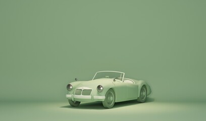 Concept retro car. Stylized, toy looking vintage car. Pastel blue and green colors scene.  3D rendering for web page, studio, presentation or picture frame backgrounds.
