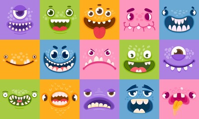 Monster faces. Funny cartoon monsters heads, eyes and mouths. Scary characters for kids. Halloween monsters or aliens emotions vector set