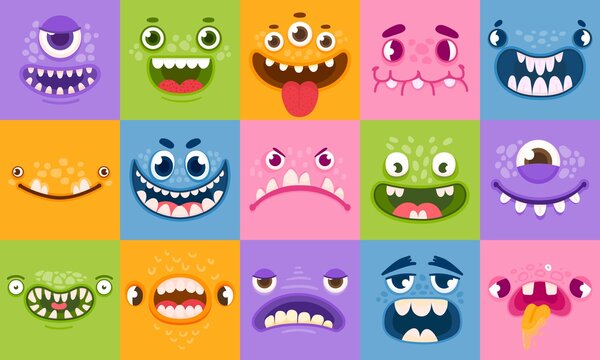Monster faces. Funny cartoon monsters heads, eyes and mouths. Scary characters for kids. Halloween monsters or aliens emotions vector set