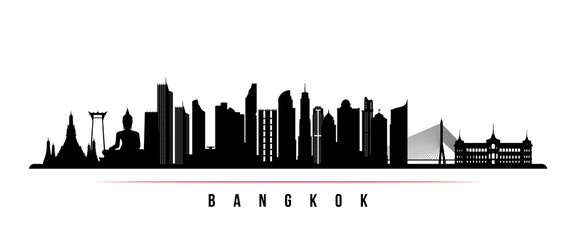 Naklejka premium Bangkok skyline horizontal banner. Black and white silhouette of Bangkok, Thailand. Vector template for your design.