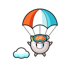herbal bowl mascot cartoon is skydiving with happy gesture