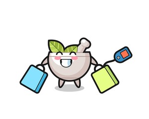 herbal bowl mascot cartoon holding a shopping bag