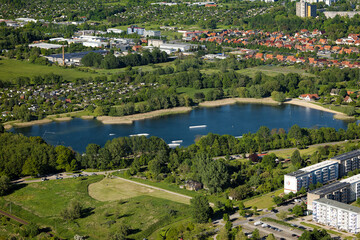 Neubrandenburg, Reitbahnsee, Wasserski Anlage, Mecklenburg-Vorpommern, Deutschland, Luftaufnahme aus dem Flugzeug 
