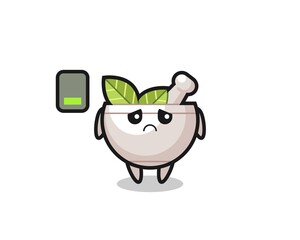 herbal bowl mascot character doing a tired gesture