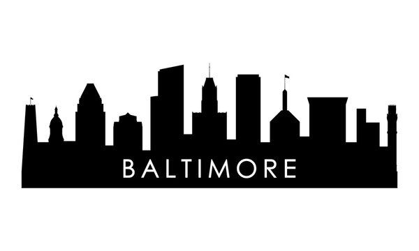 Baltimore skyline silhouette. Black Baltimore city design isolated on white background.