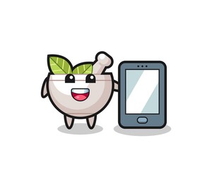 herbal bowl illustration cartoon holding a smartphone