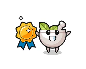 Fotobehang herbal bowl mascot illustration holding a golden badge © heriyusuf
