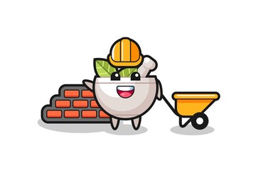 Cartoon character of herbal bowl as a builder