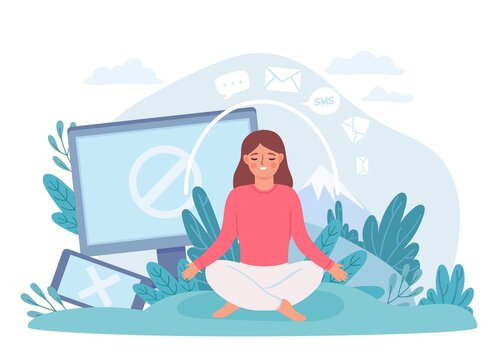 Digital detox. Woman in lotus pose meditate and take break from internet, phone and social networks. Disconnect offline life vector concept