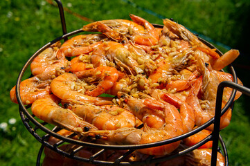 Beautiful grilled tiger prawns on the grill