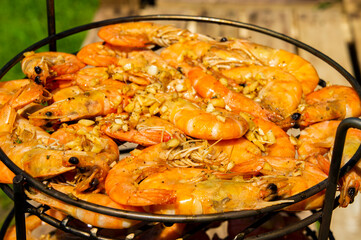 Beautiful grilled tiger prawns on the grill