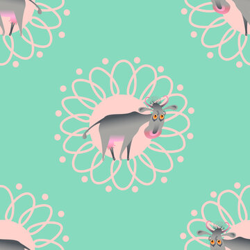 Decorative image of a cow and flowers. Humor. Seamless pattern. Vector graphics
