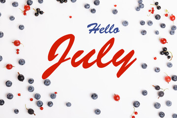 Red and blue berries of currants, gooseberries and blueberries, on a white background flat lay. Hello July wallpaper, summer table background. Banner
