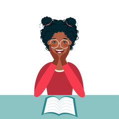 Happy Girl makes a homework. Learning. Child. Cartoon flat vector Illustration 