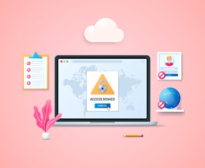 Access denied concept. Laptop with open window warning that access is denied on the screen. Web vector illustration in 3D style