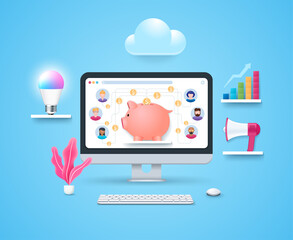 Crowdfunding platform concept. People donate money put coins in huge piggy bank. Computer with piggy bank on screen. Keyboard and mouse. Web vector illustrations in 3D style