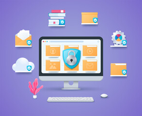 Data protection concept. Internet security, secure data exchange. Computer with data folders on screen. Keyboard and mouse. Web vector illustrations in 3D style