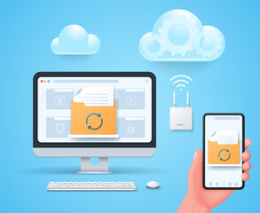 Data synchronization concept. Synchronization of smartphone and computer. Hand holds mobile phone. Keyboard and mouse. Web vector illustrations in 3D style