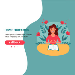 Happy Girl makes a homework. Learning. Child. Cartoon flat vector Illustration 