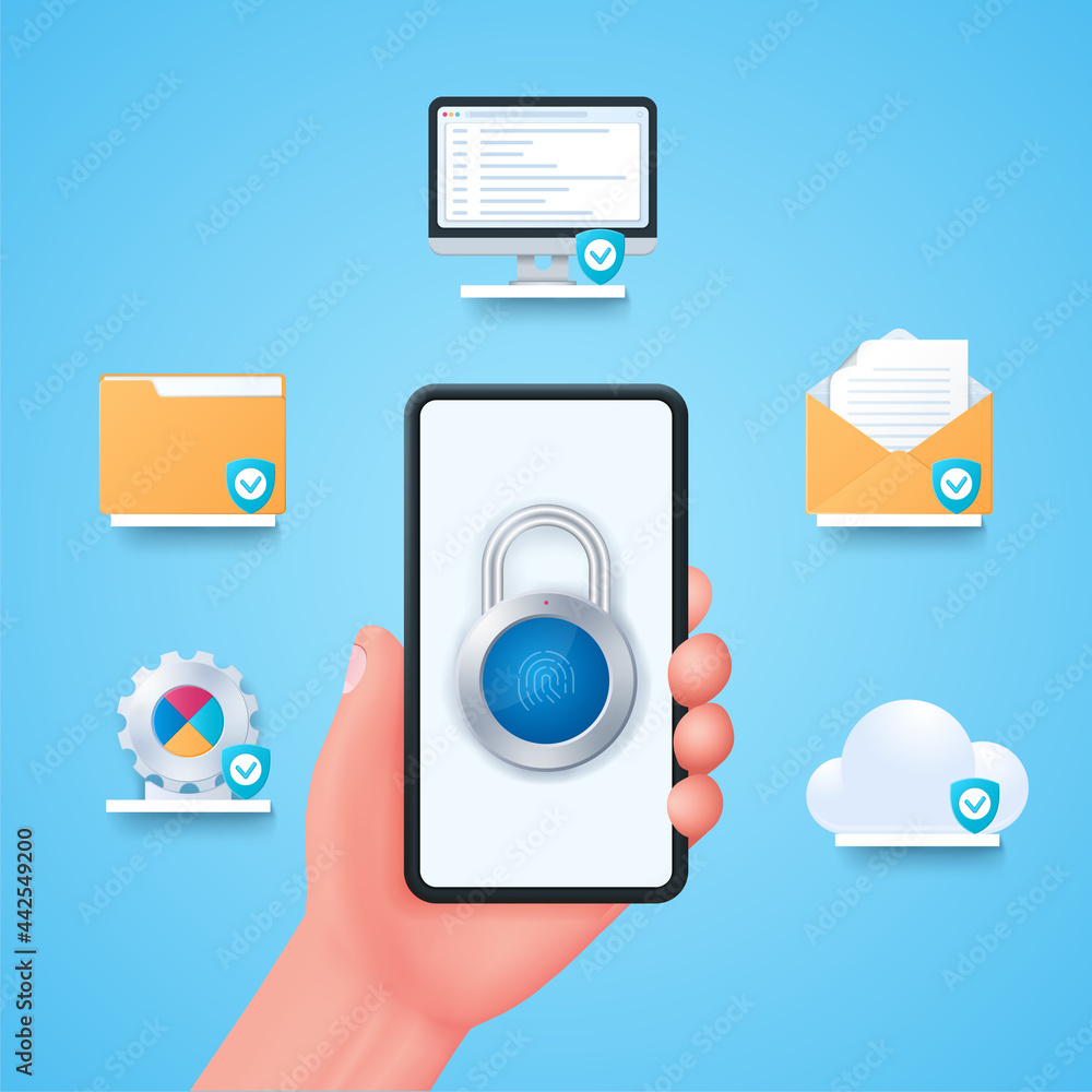 Poster mobile security and data protection account. lock with fingerprint on smartphone screen. hand holds 