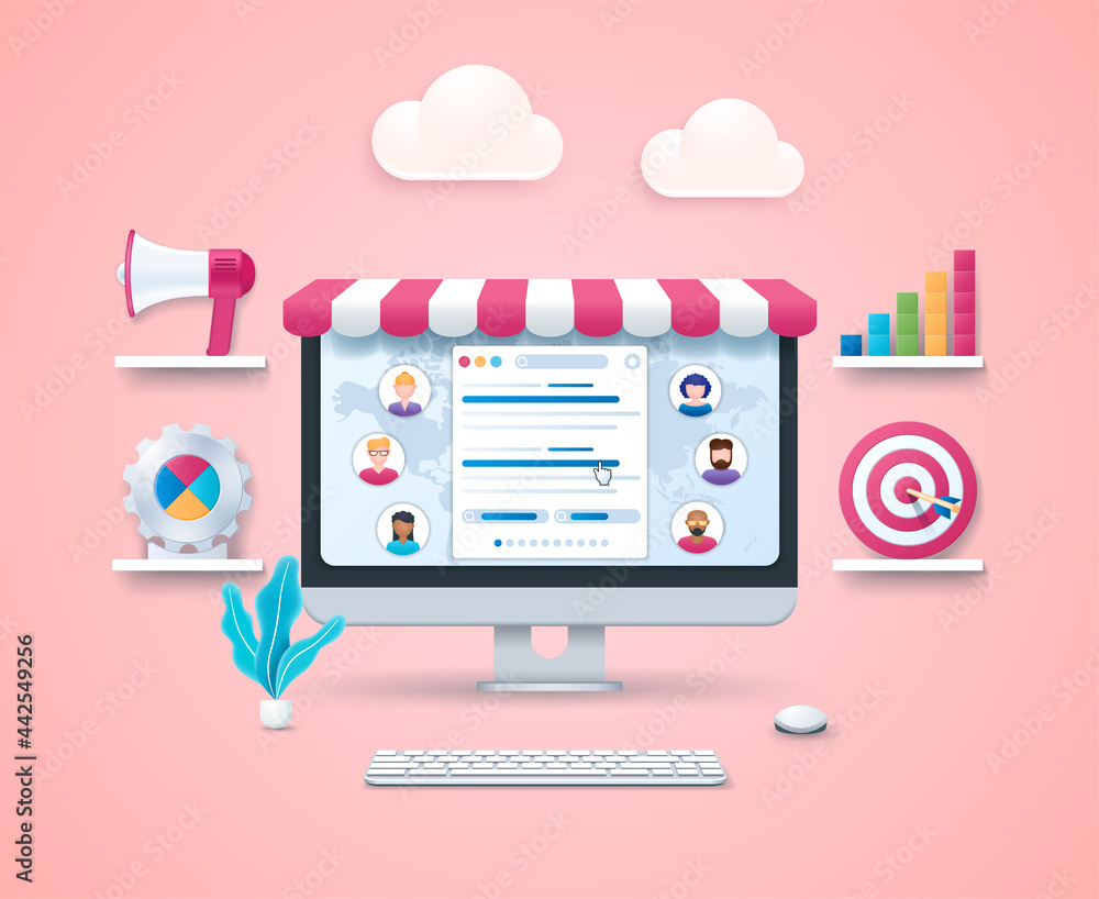Poster search engine marketing concept. computer with open window with a search query and users on screen. 