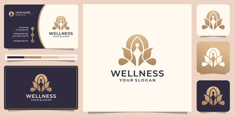 luxury yoga logo meditation with abstract nature logo and business card design. Premium Vector