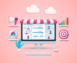 Search engine marketing concept. Computer with open window with a search query and users on screen. Keyboard and mouse. Megaphone, diagram, target with arrow, gear on the shelves