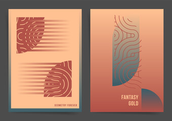 Retro gradient geometric poster set. Contemporary wavy lines art template collection for poster, web art, presentation, brochure, placard. Asian wavy elements on trendy vibes gradients background set