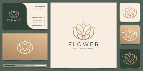 Feminine beauty flower logo. luxury design salon and spa line art shape logo with minimalist abstract rose logo icon and business card template. premium vector