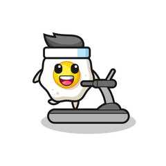 fried egg cartoon character walking on the treadmill