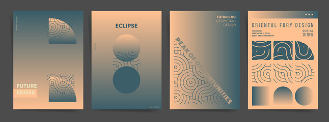 Gradient space geometric poster layouts collection. For poster, book magazine covers, brochure, identity and web art. halftone gradient with wavy lines and retro 70s design, Vector aesthetics backdrop