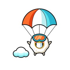 fried egg mascot cartoon is skydiving with happy gesture