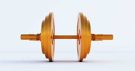 3d render of golden Stylish Iron Barbell, gold dumbbell isolated on white background. High resolution