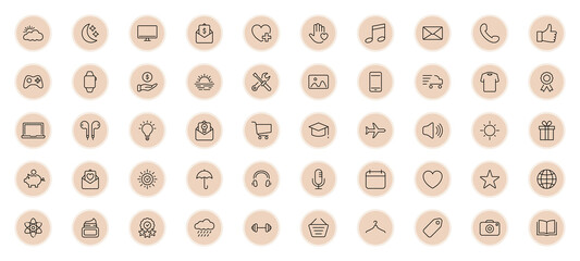 Highlights Line Icon Set. Highlights for Lifestyle, Travel and Beauty Bloggers, Photographers and Designers. Stories Covers Contain Weather, Finance, Education, Fitness topics. Vector illustration