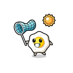 fried egg mascot illustration is catching butterfly