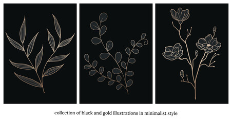 collection of black and gold minimalist style illustration of branches