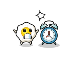 Cartoon Illustration of fried egg is surprised with a giant alarm clock
