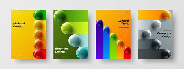 Bright realistic spheres front page illustration bundle. Colorful postcard vector design template composition.