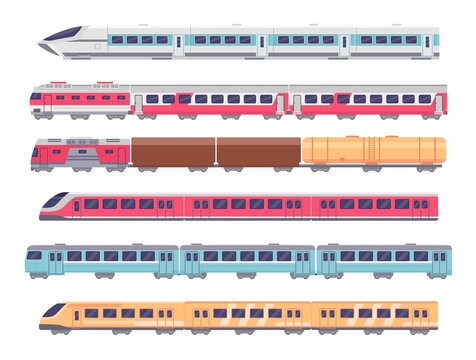 Passenger trains. Cartoon subway, express and cargo train. Underground transport with wagons. Metro locomotive, railway carriage vector set